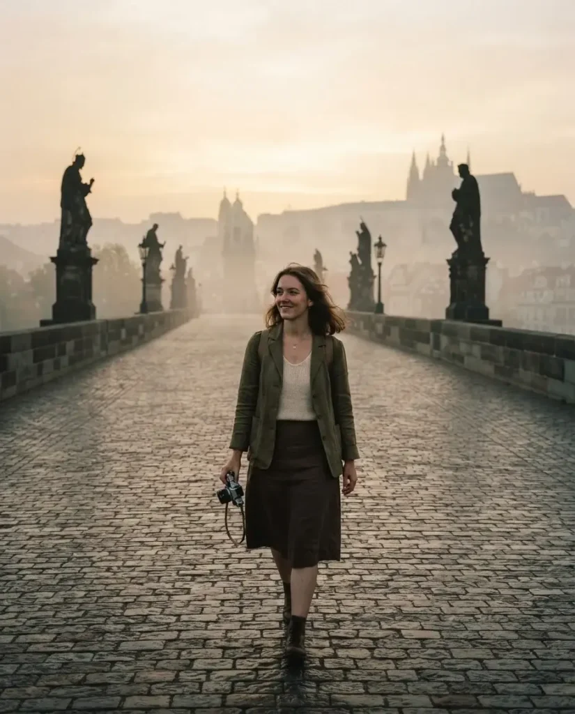  A young solo traveler walking the nearly empty Charles Bridge in Prague, Czech Republic, at misty sunrise with the castle in the distance