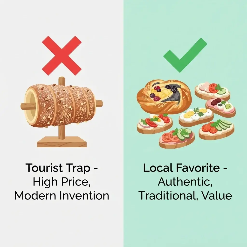 A comparison infographic showing the difference between a Trdelník tourist trap and authentic Czech treats like Koláč and Chlebíčky.
