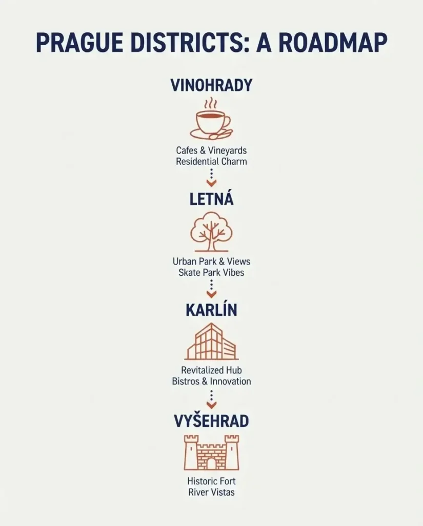 A visual guide of Prague neighborhoods including Vinohrady, Letná, Karlín, and Vyšehrad with short descriptions of their local atmosphere.