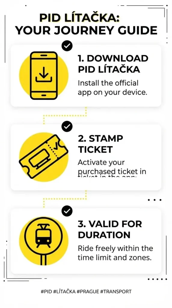A step-by-step checklist infographic for using Prague public transport, including ticket purchasing, validation, and common mistakes to avoid.