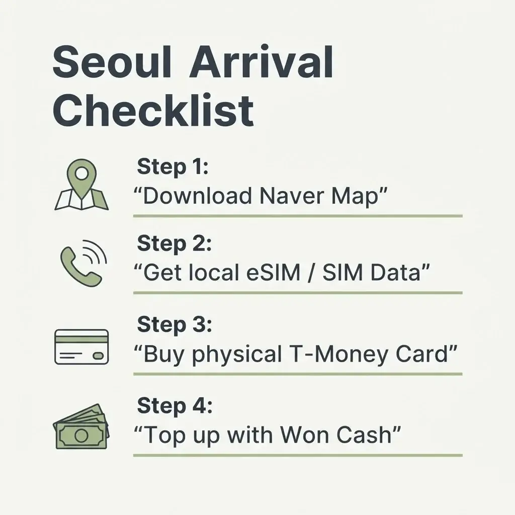A vertical step-by-step checklist infographic detailing the essential steps to complete before leaving the airport in Seoul, covering apps, SIM cards, and transit cards.