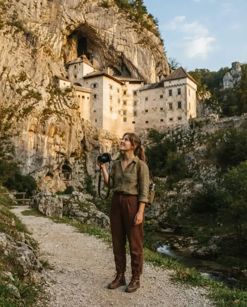 Solo traveler standing below Predjama Castle built into a limestone cliff face near Postojna, Slovenia, dramatic afternoon light.