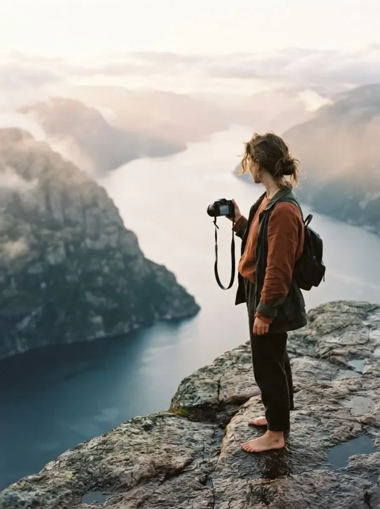 A candid eye-level shot of a female solo traveler with brown hair, standing on the edge of Preikestolen cliff in Norway during a misty, golden dawn.