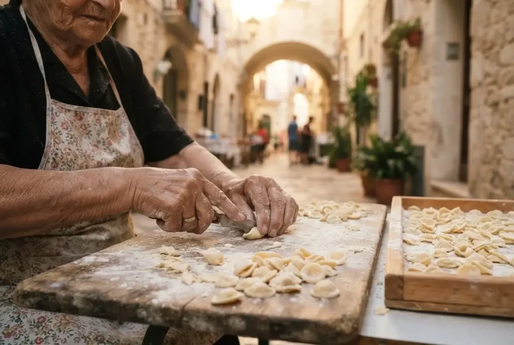 Handmade orecchiette pasta being shaped on a wooden board in the old town of Bari, Puglia, southern Italy
