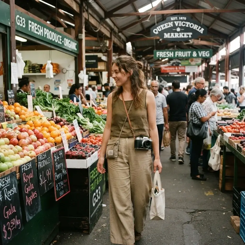 Female traveler exploring the vibrant fresh produce sheds at Queen Victoria Market in Melbourne early in the morning with a camera slung over her shoulder.