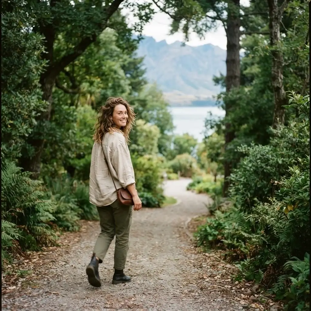 A 20-something female solo traveler with natural brown hair wearing earthy linen clothes, walking peacefully through the lush greenery of Queenstown Gardens with the calm blue waters of Lake Wakatipu visible in the background.
