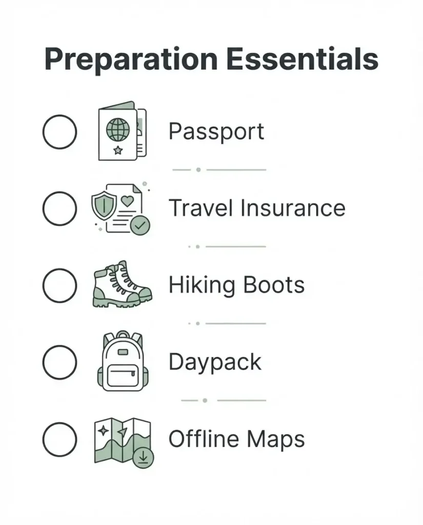 A minimalist, flat-design checklist for Queenstown trip preparation, featuring icons for passport, travel insurance, hiking gear, and travel documents.