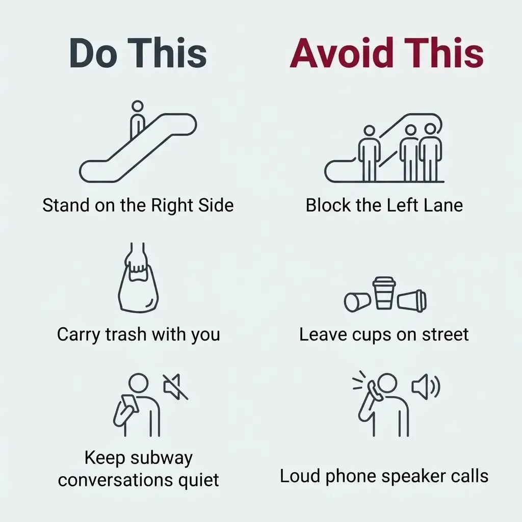 A 1:1 square infographic layout contrasting correct vs. incorrect local behaviors in Seoul, focusing on escalator standing, trash disposal, and subway volume.