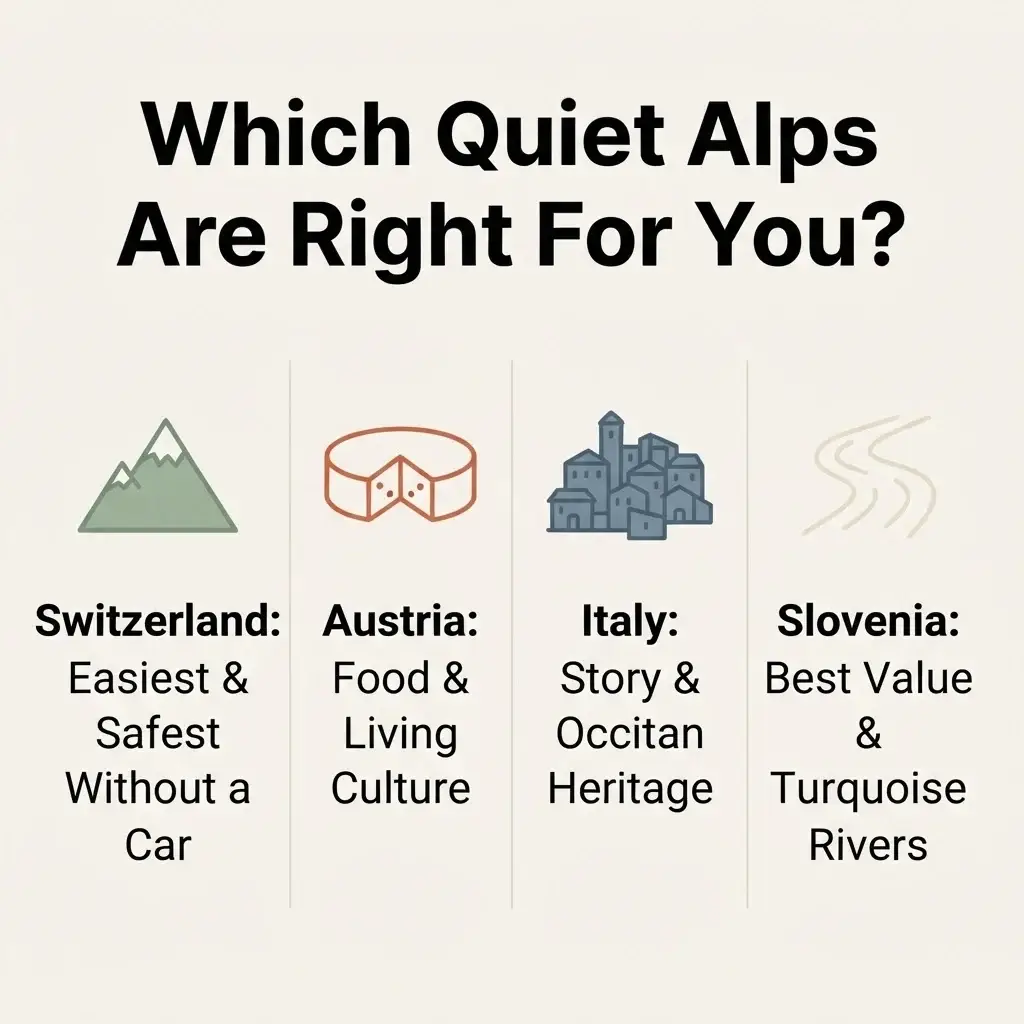Comparison chart of four off-the-beaten-path Alpine regions in Switzerland, Austria, Italy, and Slovenia for solo travelers