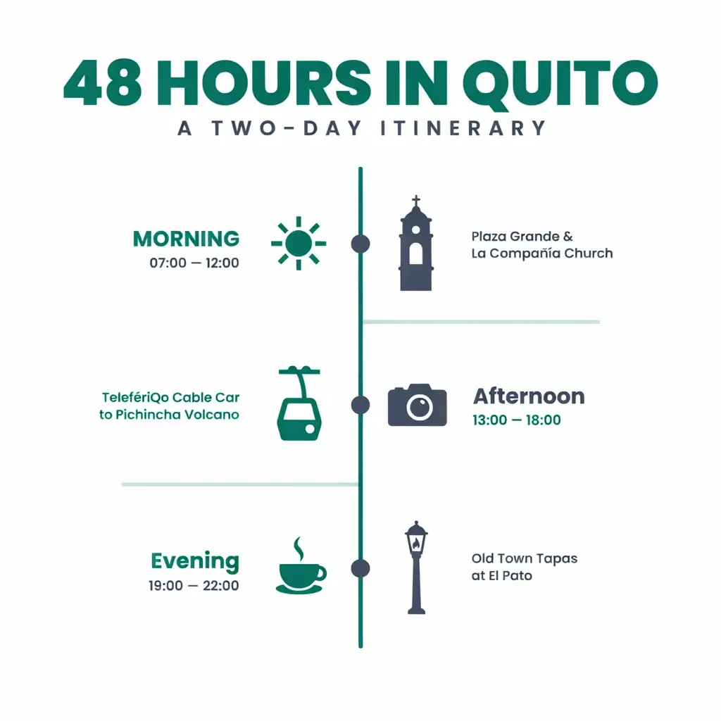 A 4:5 aspect ratio infographic showing a streamlined 48-hour itinerary flow for exploring Quito, highlighting morning, afternoon, and evening key activities.