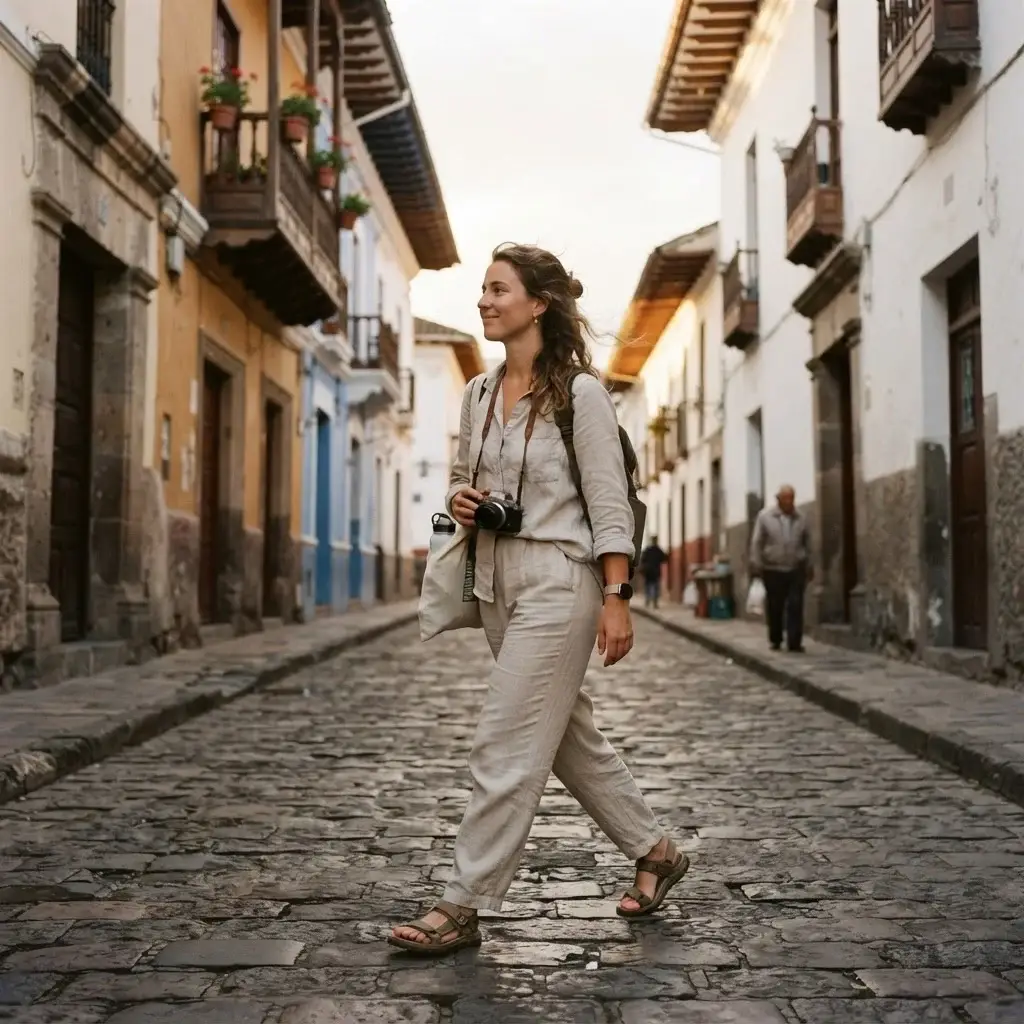 Emma Collins walking through the historic, colonial streets of Quito's Old Town in the early morning light with a mirrorless camera.