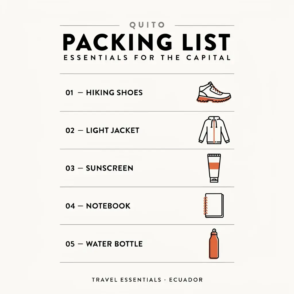 A minimalist packing checklist infographic for a 48-hour trip to Quito, featuring icons for layers, comfortable shoes, water, and sun protection.