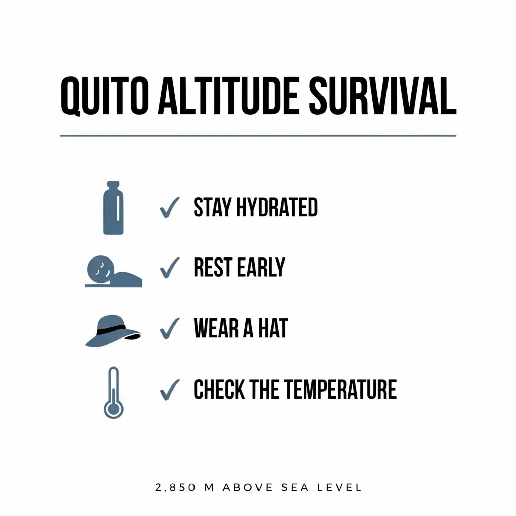 A vertical checklist infographic detailing high-altitude survival tips for Quito, including hydration, rest, and sun protection.