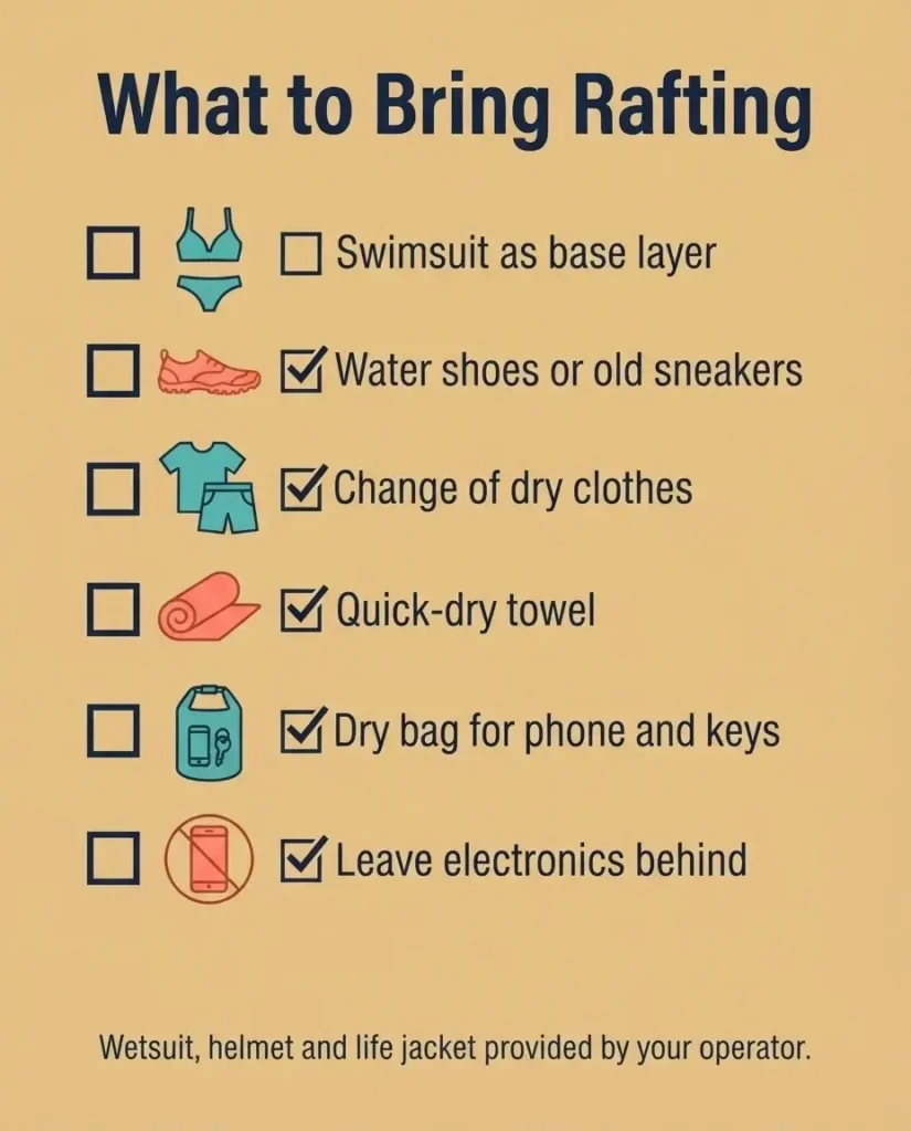 Flat vector packing checklist showing what to wear and bring for white-water rafting in Europe