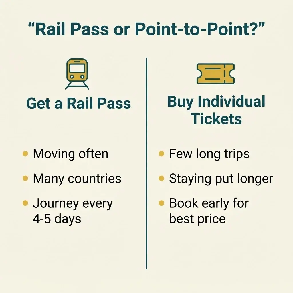 Comparison chart showing when a European rail pass is worth it versus buying point-to-point train tickets for slow travel