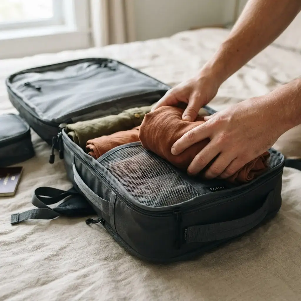 A close-up shot of hands neatly organizing tightly rolled linen shirts into a grey mesh packing cube inside an open, lightweight travel carry-on backpack.