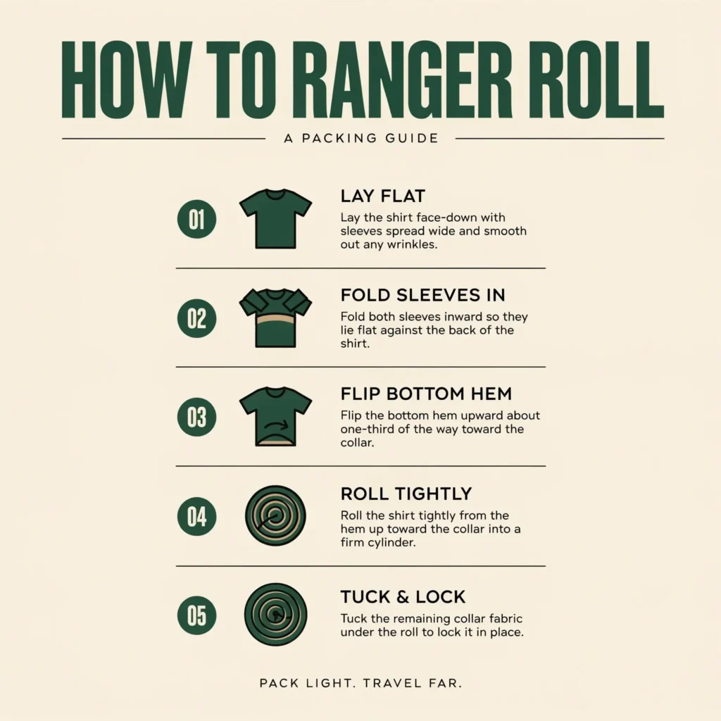 A step-by-step vector instructional chart illustrating the 5 steps of the Ranger Roll method for packing shirts tightly to maximize space in travel packs.