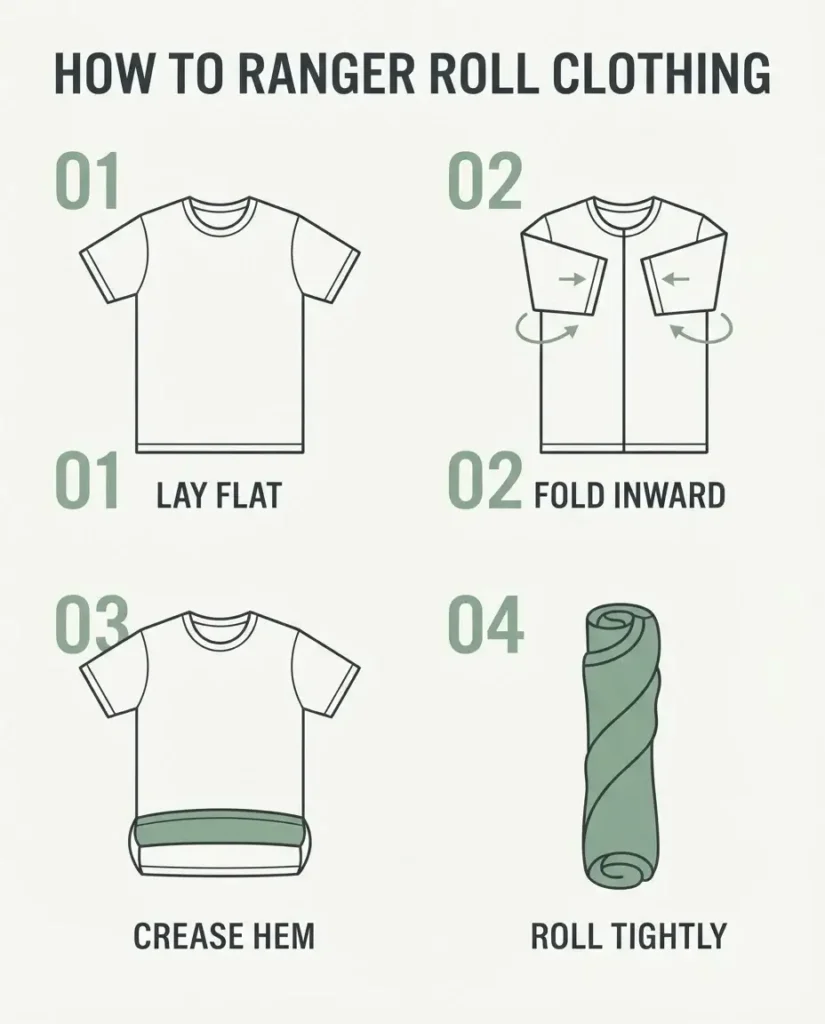 A step-by-step vector diagram showing the four distinct stages of execution for the ranger roll method to compress travel clothing.