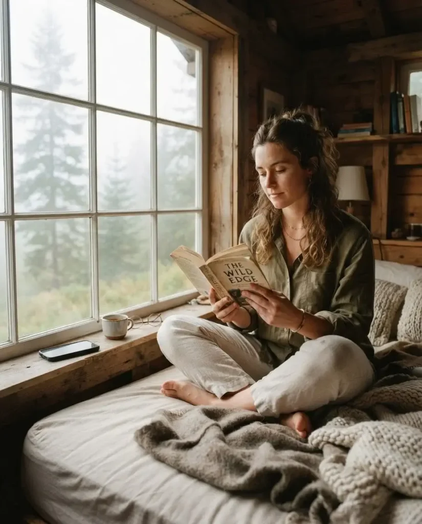 Young woman reading a paperback book by a cabin window in soft morning light during a digital detox retreat in Europe, phone set aside