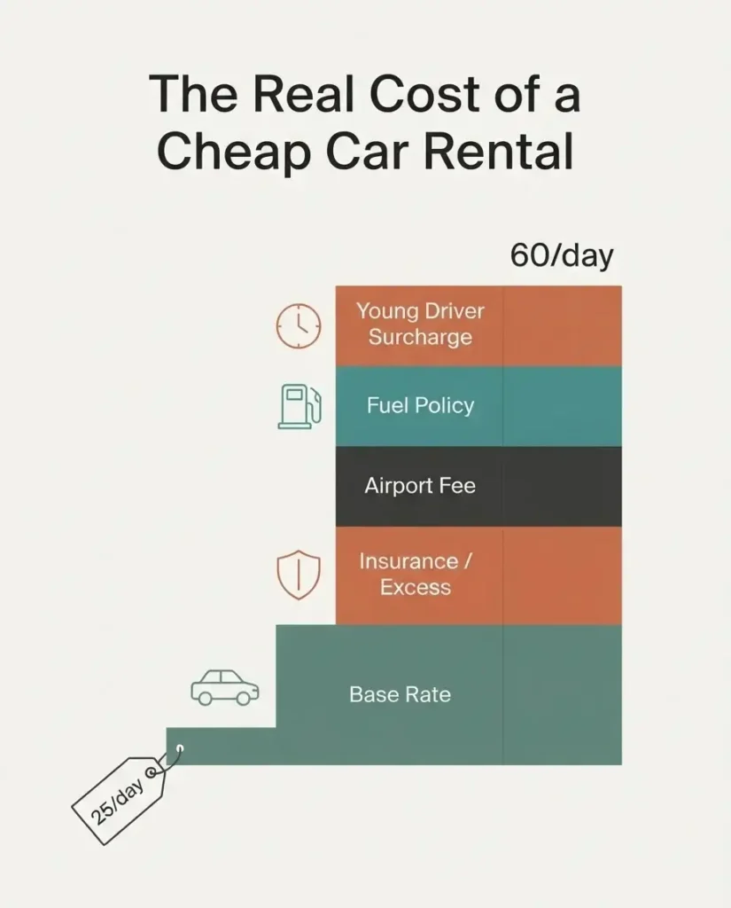 Infographic showing how a cheap car rental base rate in Europe grows with insurance, fees, and fuel into the real total price
