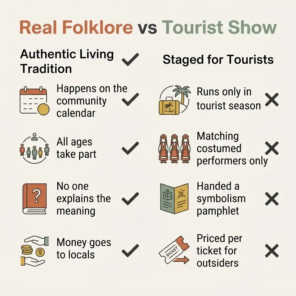 Flat vector checklist comparing authentic living folklore versus staged tourist shows in Europe