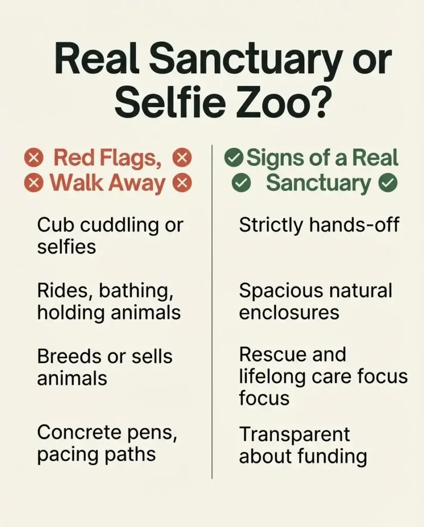 Checklist infographic showing red flags of fake animal sanctuaries versus signs of a real ethical wildlife sanctuary in Europe
