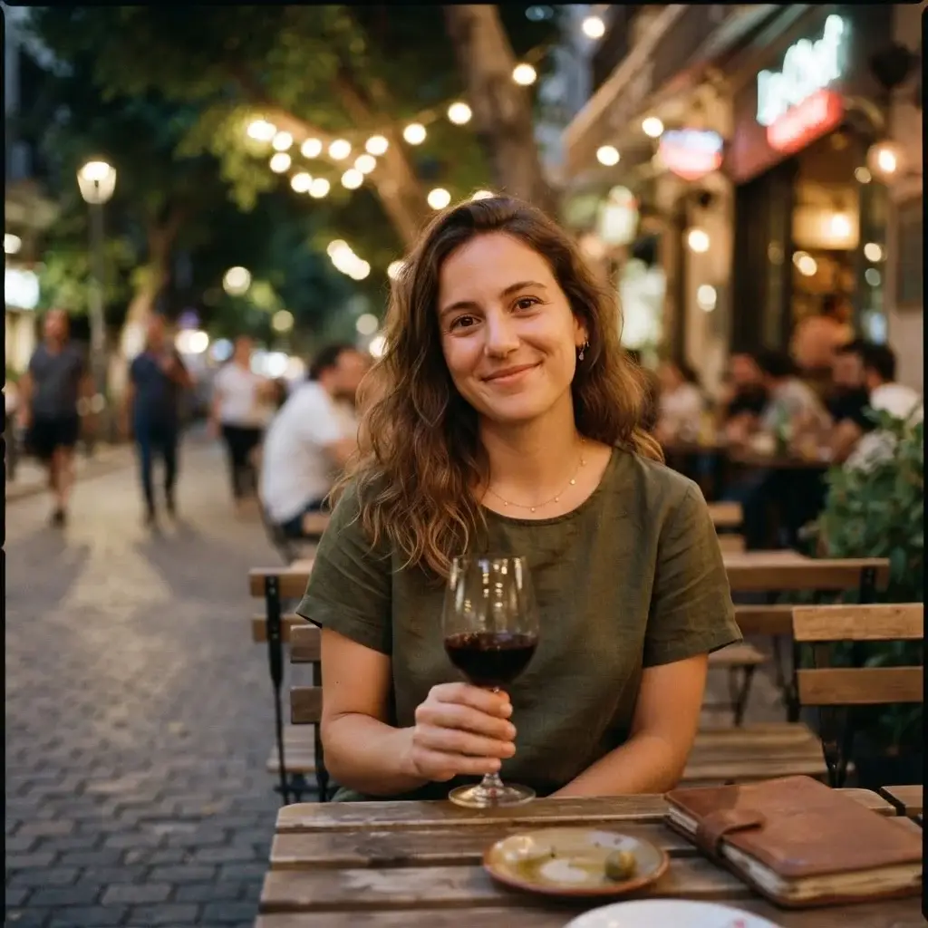 A warm, candid evening photo of a solo traveler sitting at an outdoor bistro in Badaro, Beirut, with a glass of Lebanese red wine and a relaxed expression.