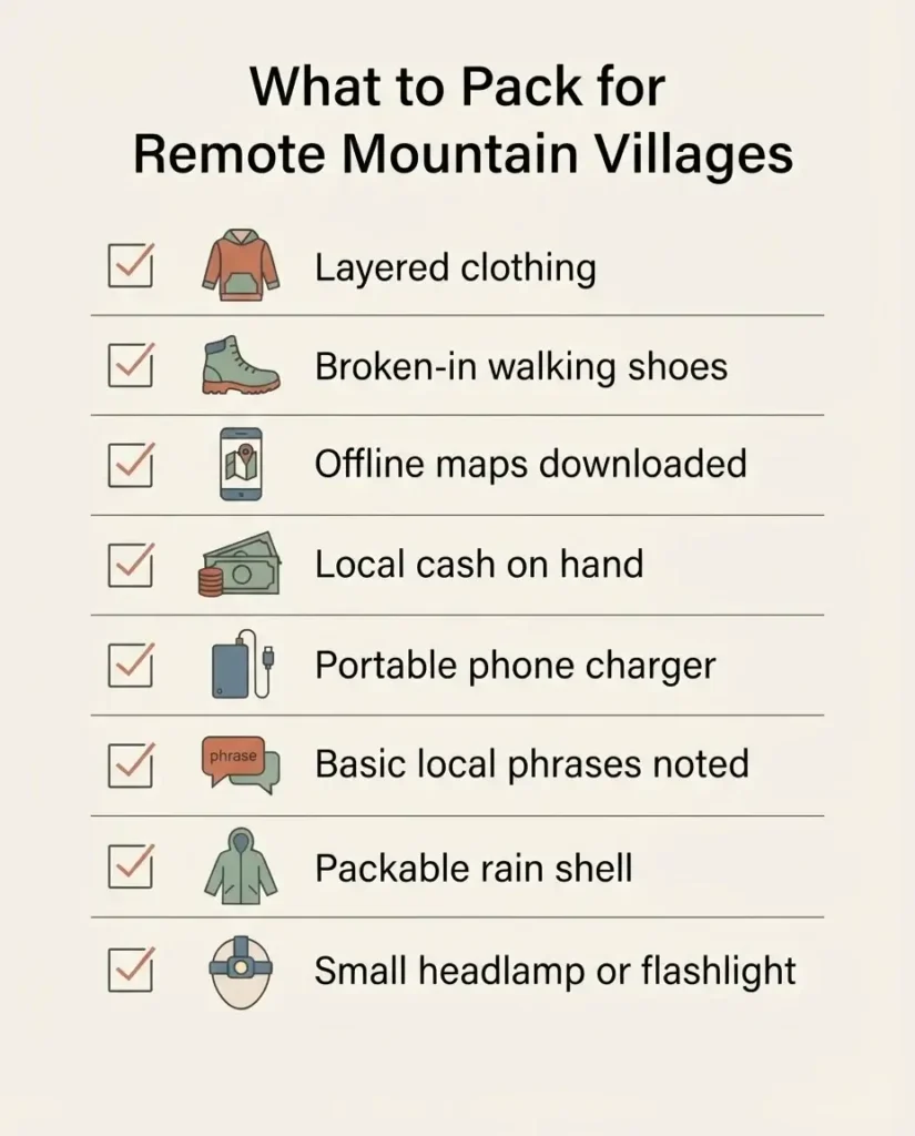 Packing checklist infographic for visiting remote mountain villages in Europe, listing layered clothing, sturdy shoes, offline maps, and local cash.