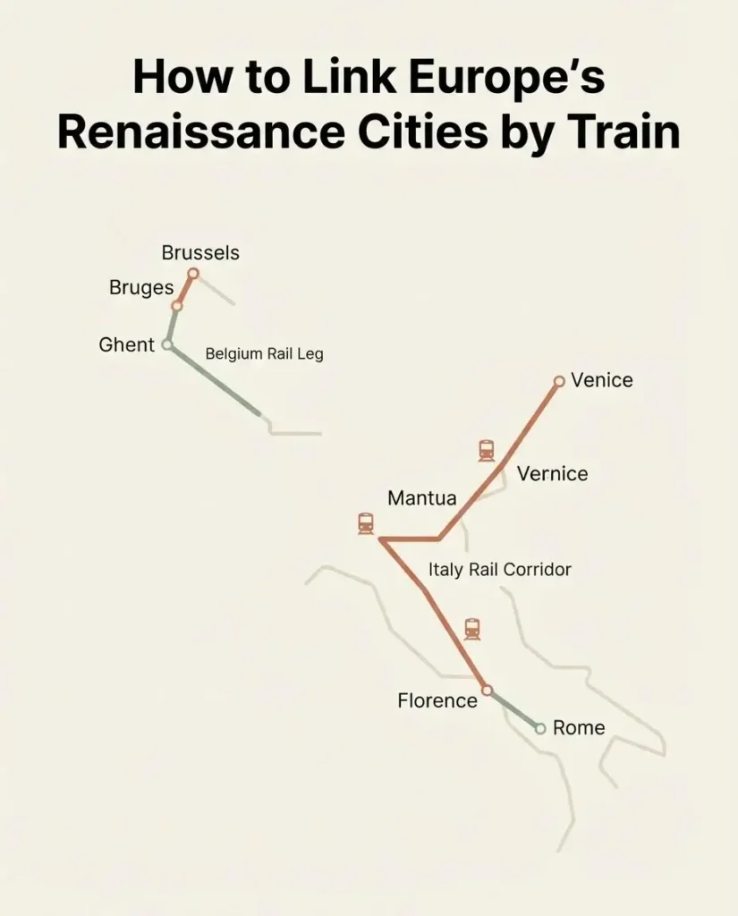 Infographic map showing train routes connecting Florence, Rome, Venice, and Mantua in Italy and Bruges and Ghent in Belgium