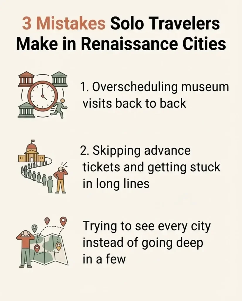 Checklist infographic of three common mistakes solo travelers make when visiting Renaissance cities in Europe