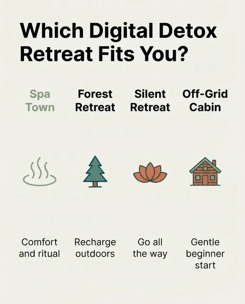 Flat vector decision guide comparing four European digital detox retreat types: spa town, forest retreat, silent retreat, and off-grid cabin