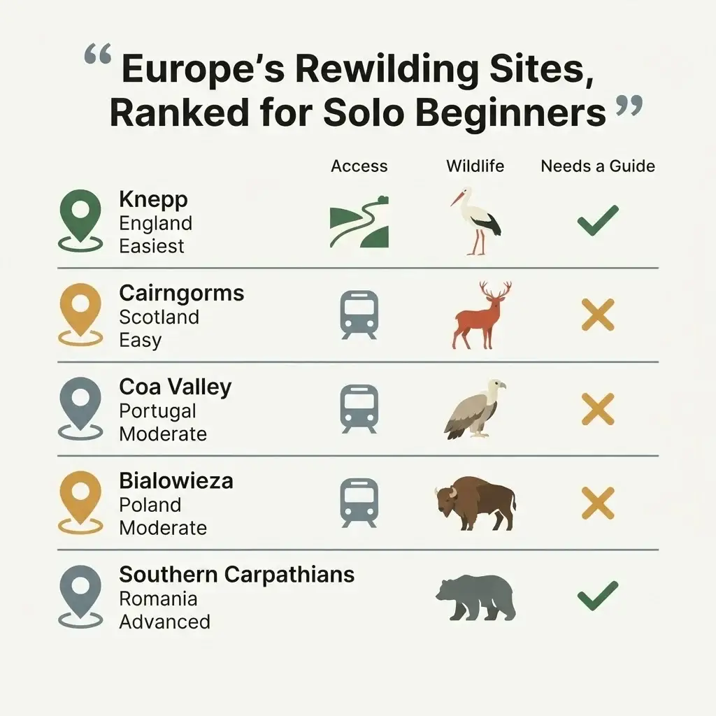 Comparison chart of five European rewilding sites ranked by beginner difficulty, access, and wildlife