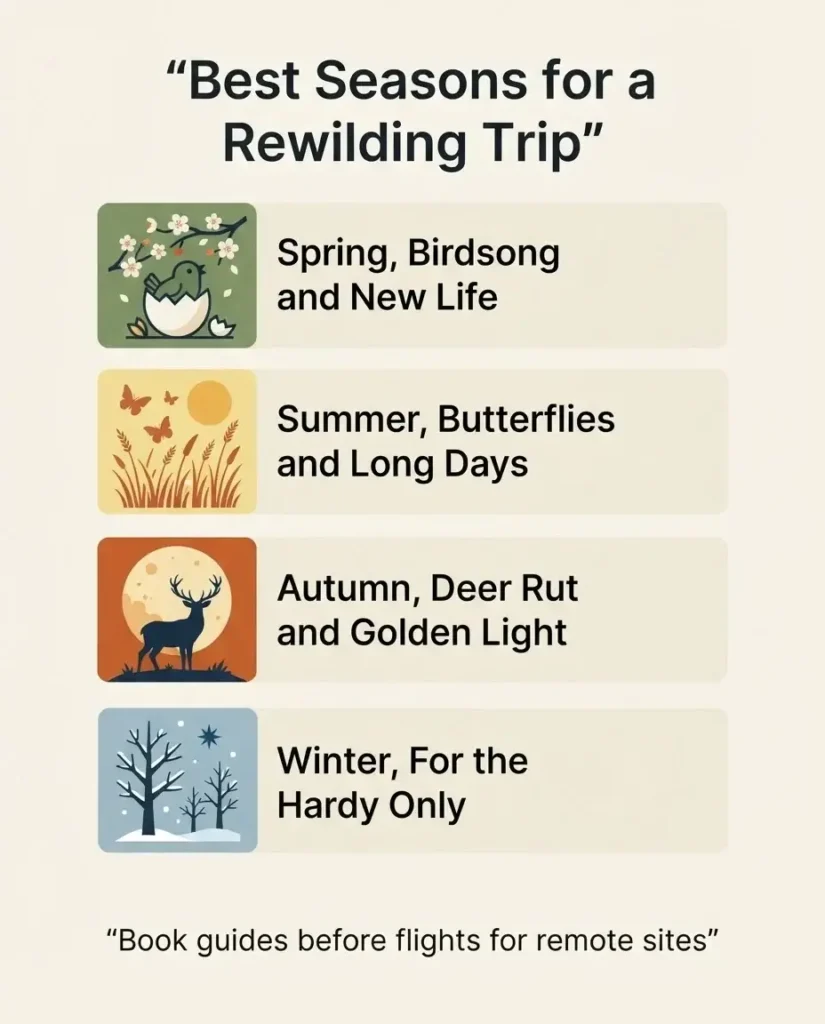 Seasonal planning guide showing the best times of year to visit European rewilding projects as a solo traveler