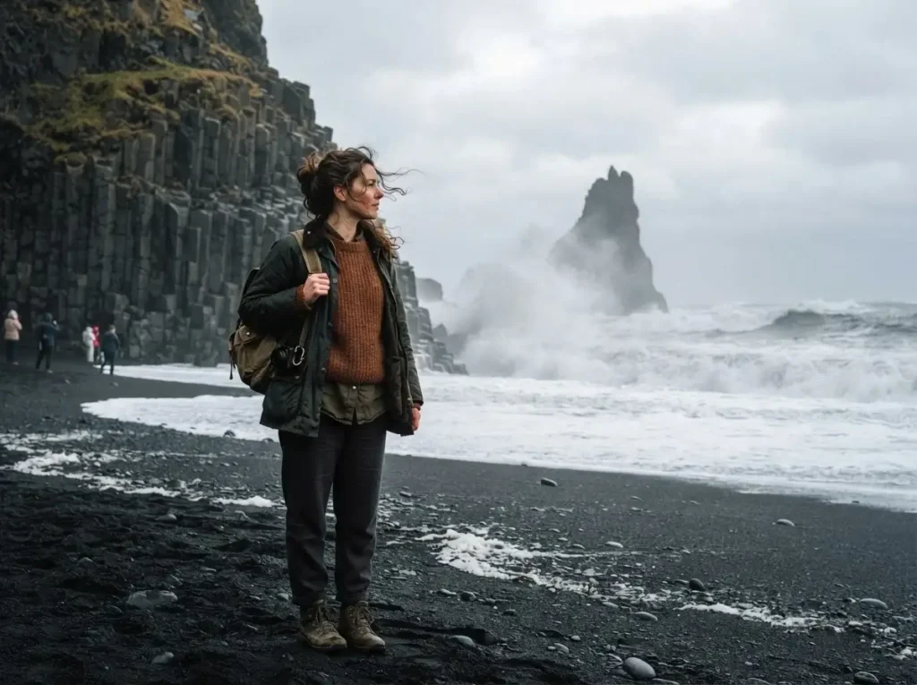 A solo female traveler looking out at the dramatic basalt columns and crashing waves at Reynisfjara black sand beach, Iceland.