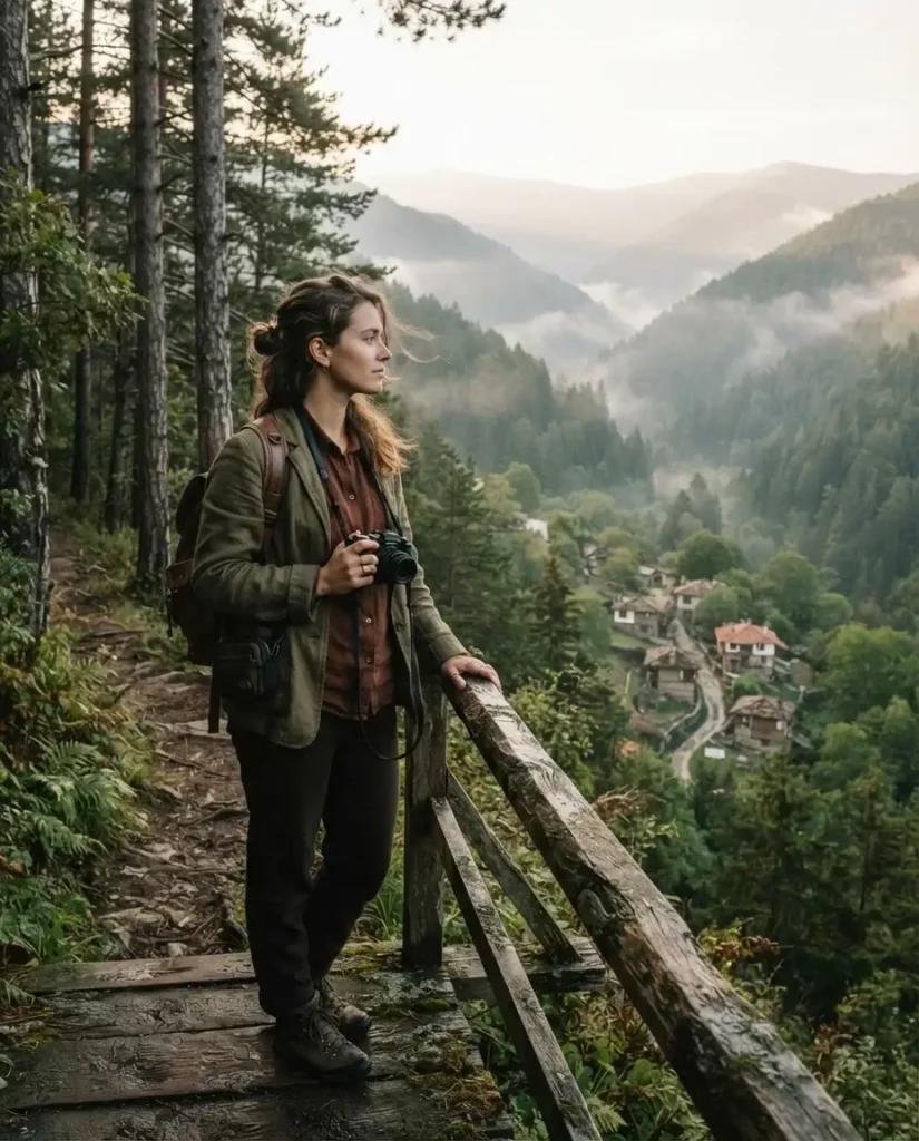 Solo traveler standing on a misty forest trail in Bulgaria's Rhodope Mountains with a small traditional village visible in the valley below.