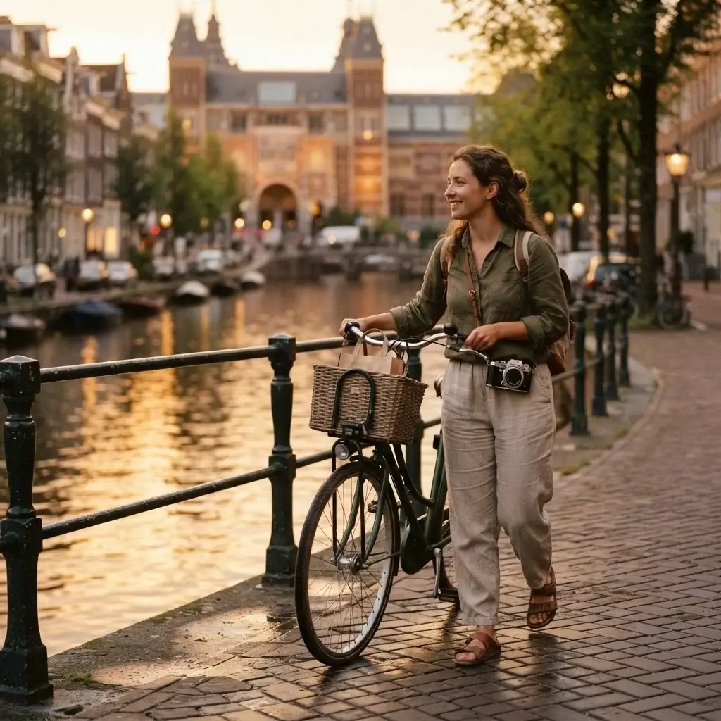 Solo female traveler biking past a canal near the Rijksmuseum in Amsterdam at golden hour, a favorite European city for art lovers.