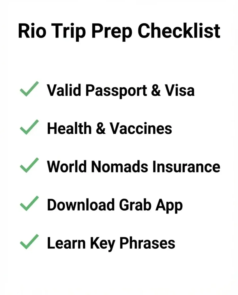 A clean checklist infographic for Rio de Janeiro travel preparation showing key categories: Documentation, Health, Safety, and Apps.