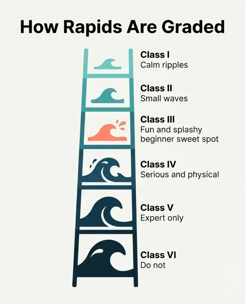 Flat vector infographic explaining white-water rafting difficulty from Class I to Class VI for beginners in Europe
