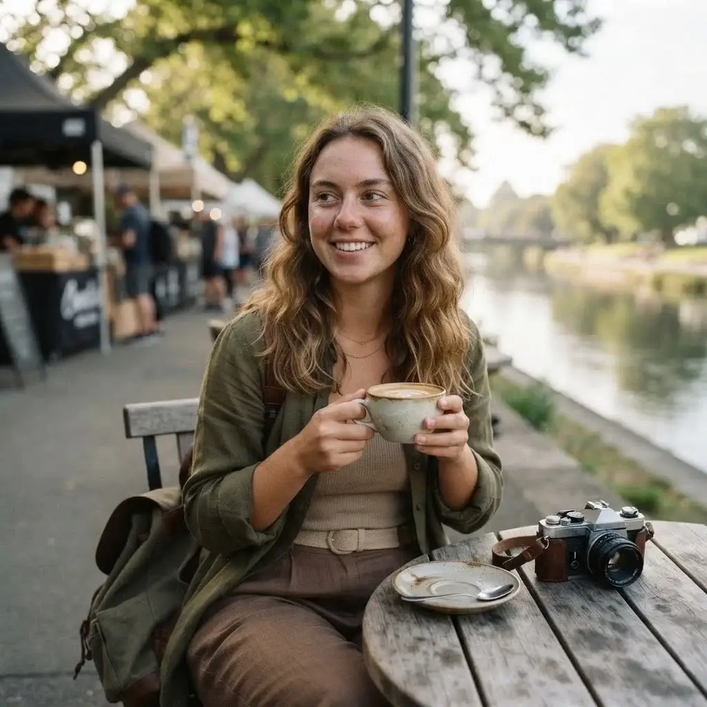 A young female traveler sitting at an outdoor table at the Riverside Market in Christchurch, New Zealand, sipping coffee near the Avon River, captured in a candid and authentic style.