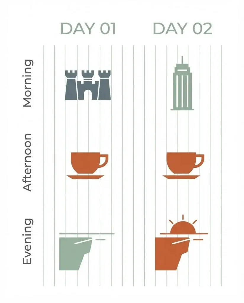A vertical 48-hour travel itinerary timeline for Riyadh, Saudi Arabia, listing key daily activities, dining suggestions, and transport highlights from morning to night.