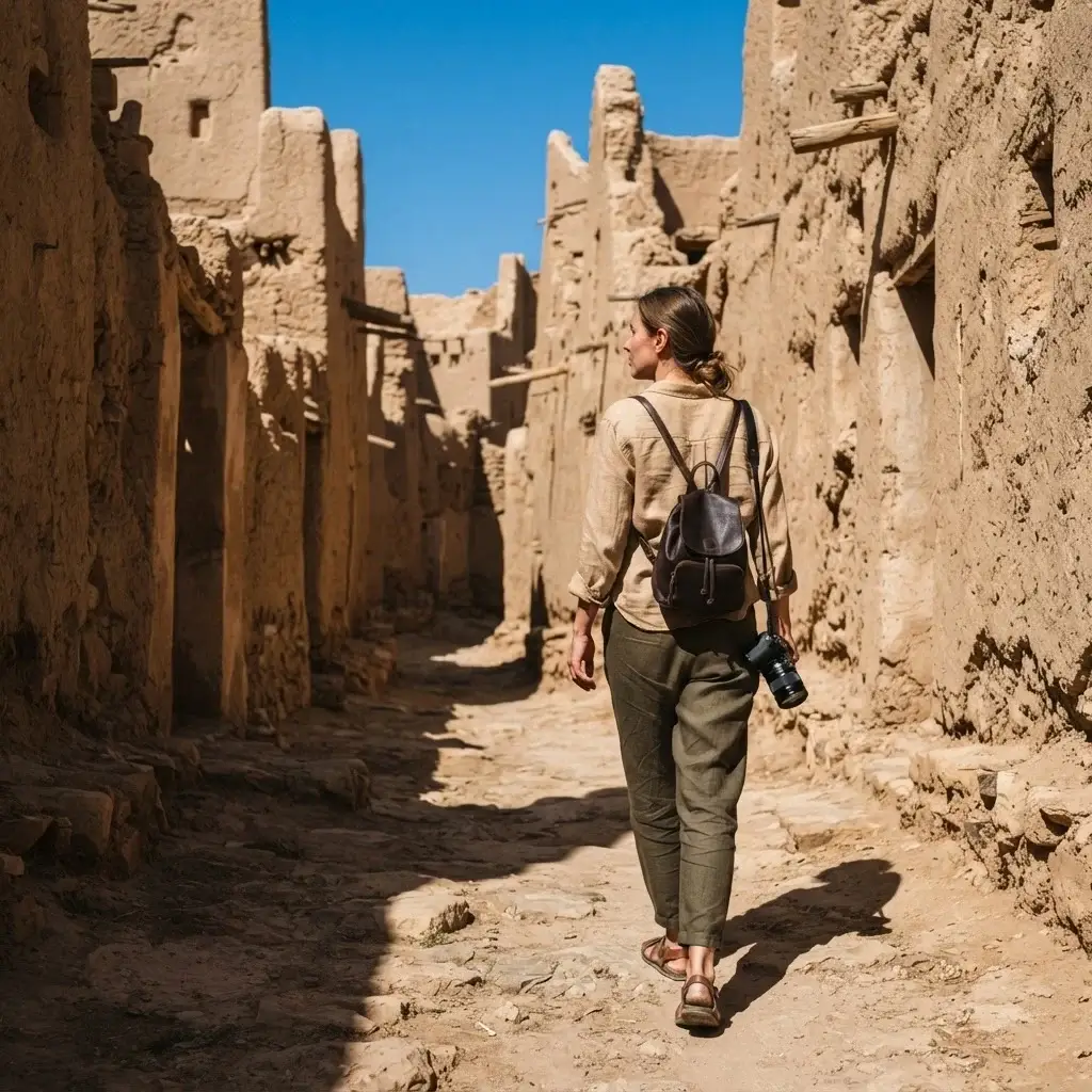 Emma Collins walking through the mud-brick ruins of the At-Turaif district in Diriyah, Riyadh, under a bright, clear blue desert sky.