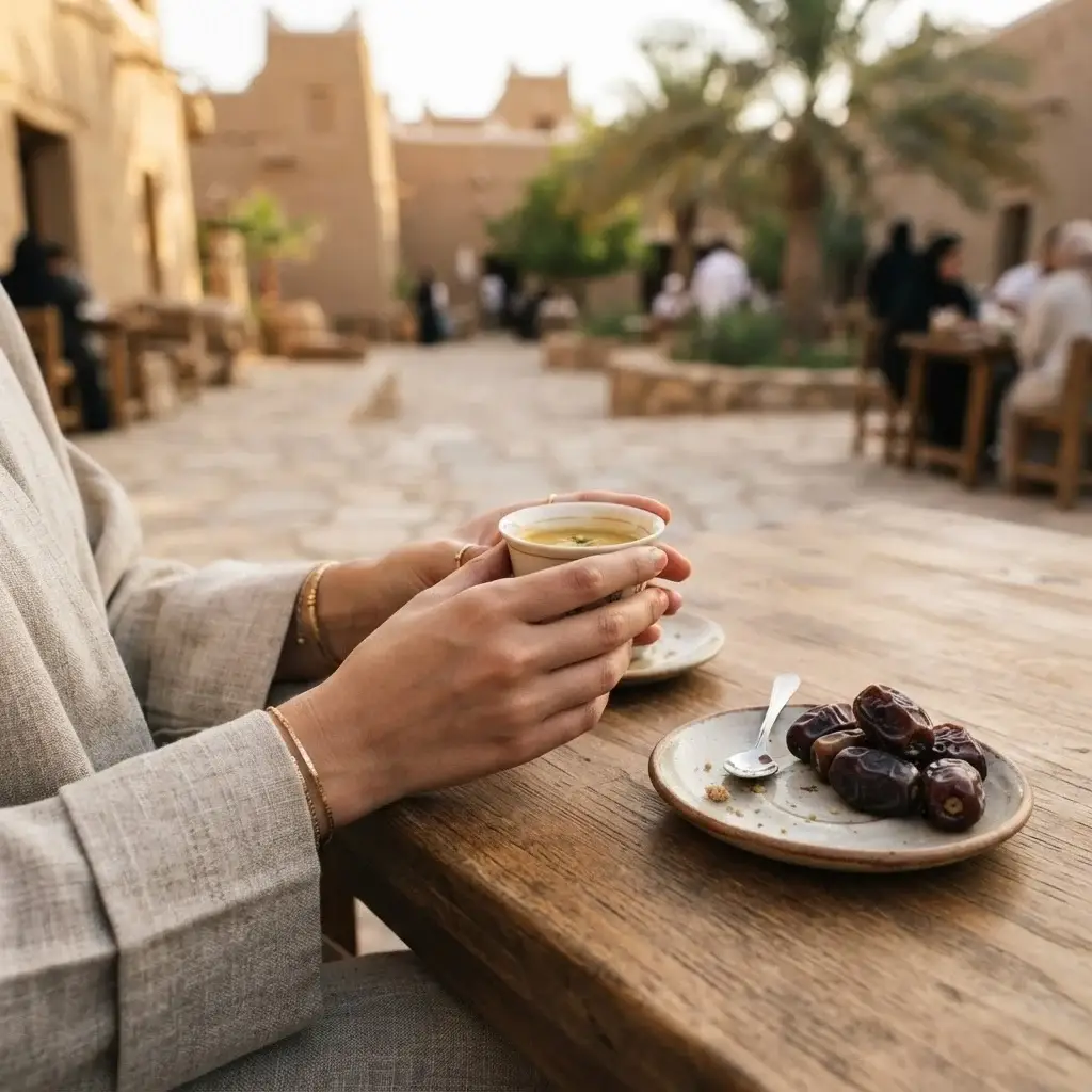 A solo traveler holding a small cup of traditional Saudi coffee with cardamom and a plate of dates while sitting at a table in Bujairi Terrace.