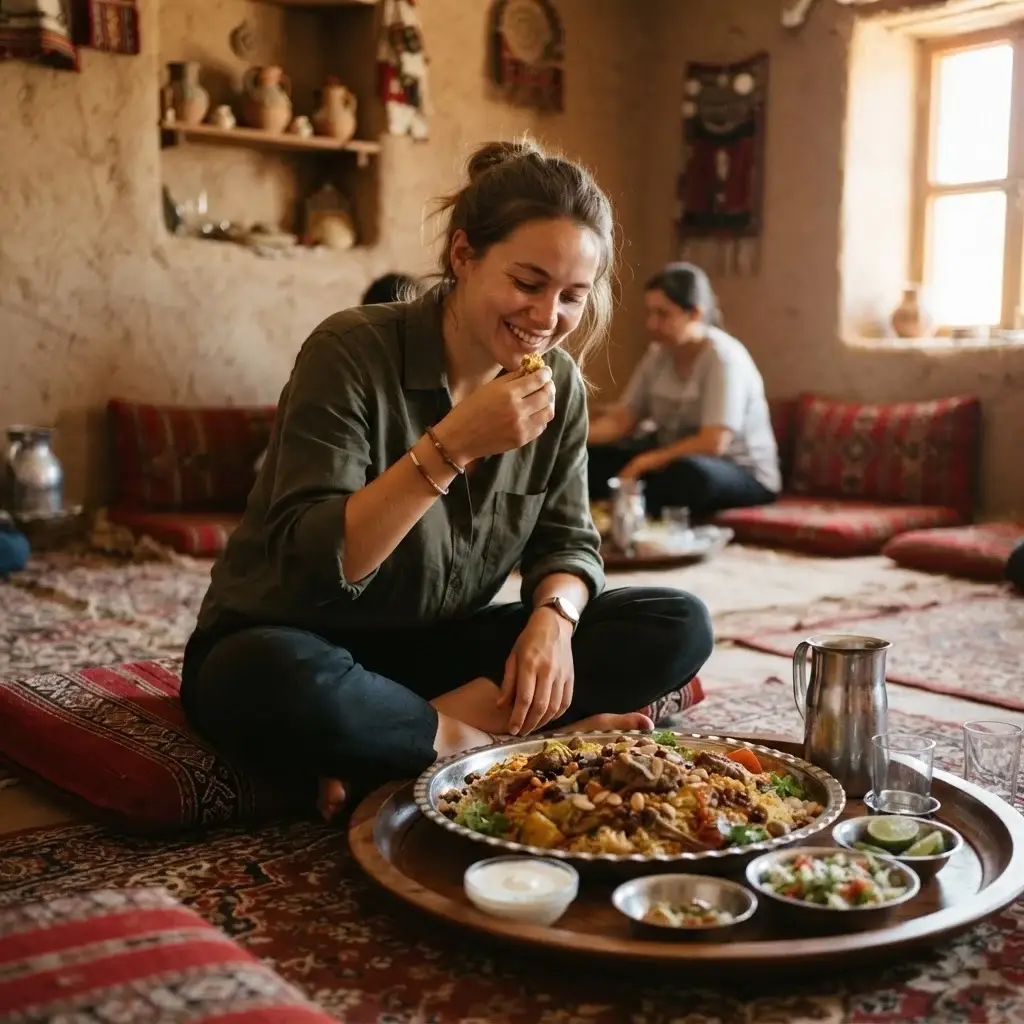 A candid photo of a solo female traveler sitting on traditional floor cushions at Najd Village, eating a large platter of Kabsa rice and meat.