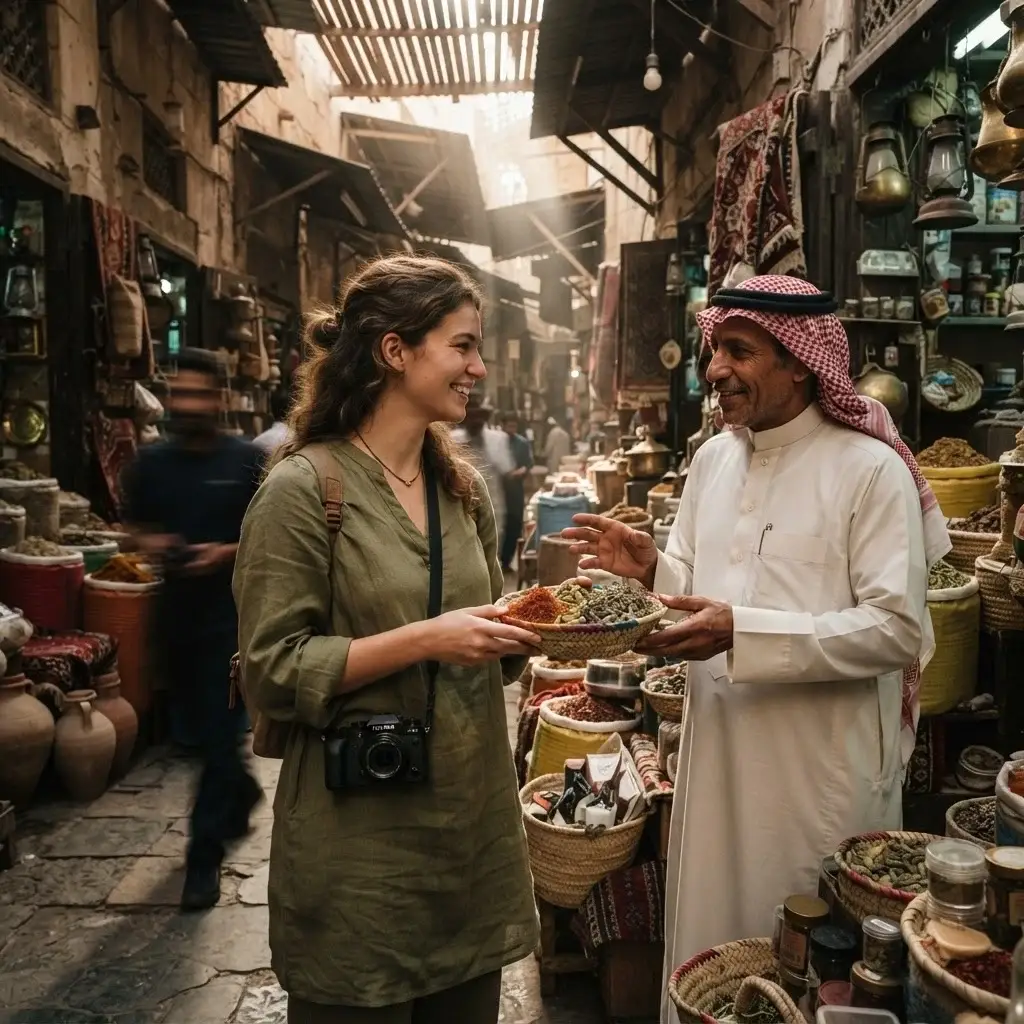 A candid eye-level shot of Emma Collins browsing colorful textiles and traditional spices in the historic Souq Al Zal in Riyadh, surrounded by brass lanterns.