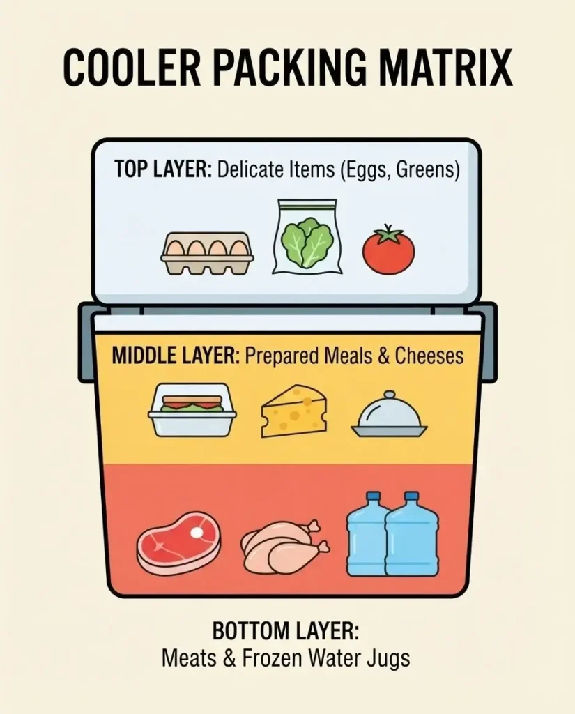 A cross-section diagram infographic in a flat vector style demonstrating how to pack a road trip cooler into distinct top, middle, and bottom thermal layers for maximum cold preservation.