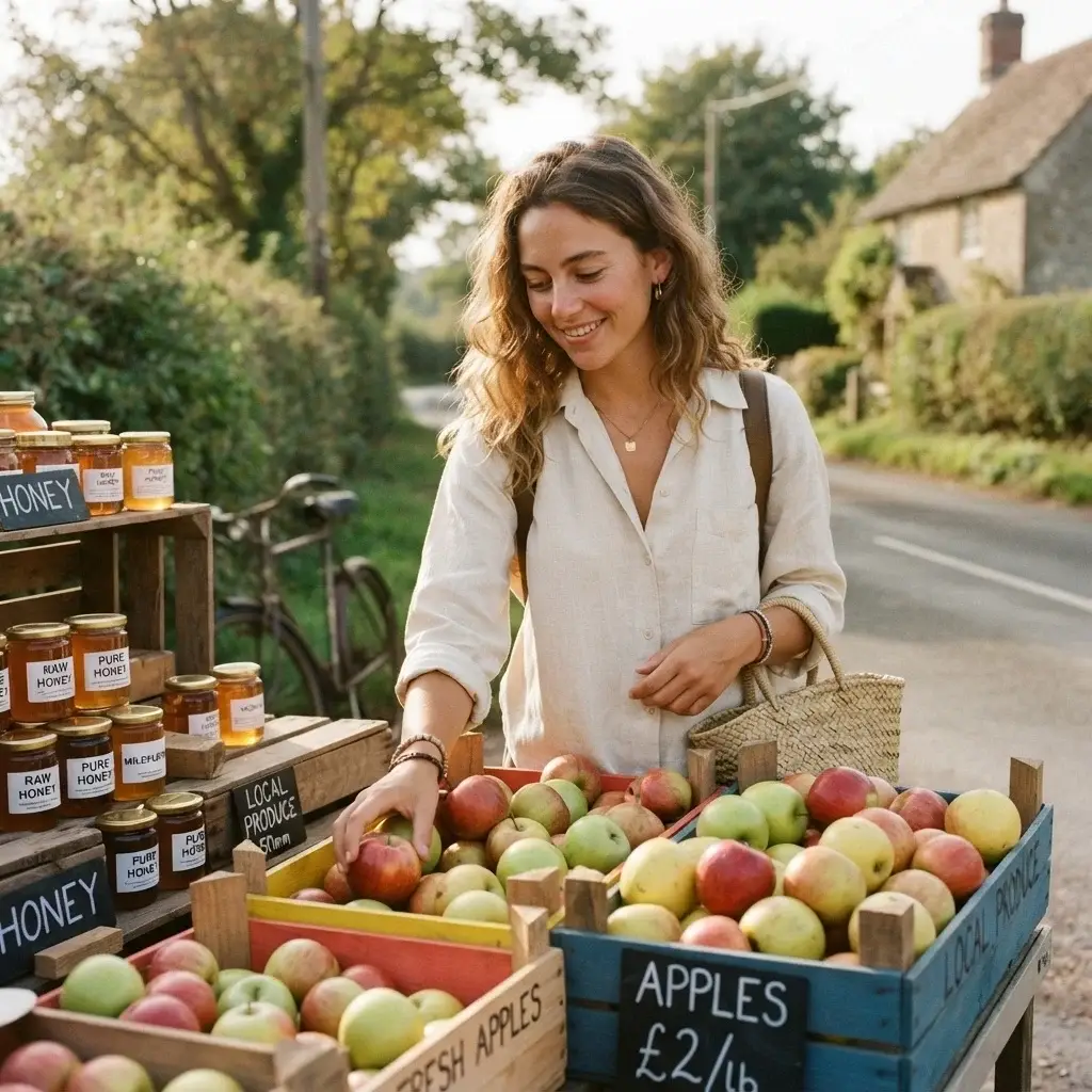 A 20-something female traveler buying seasonal organic apples from an authentic rustic countryside farm stand during a road trip.