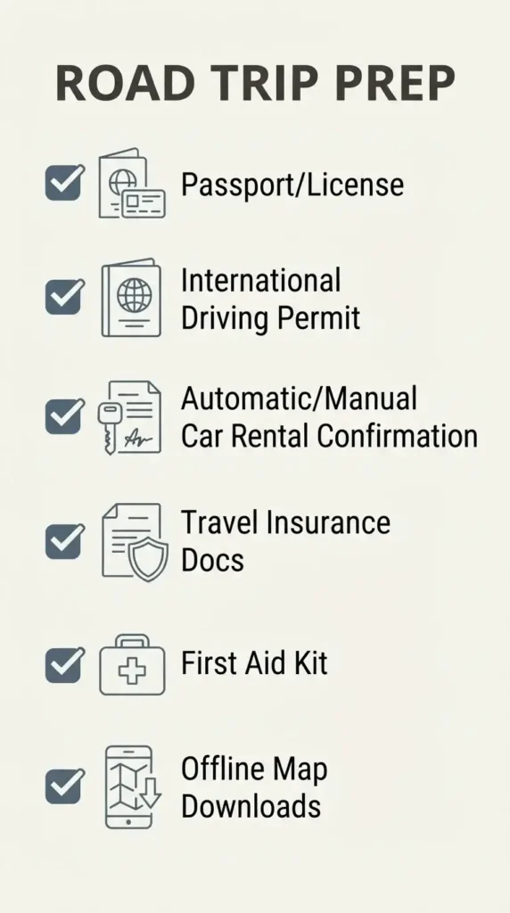 A clean, minimalist checklist for European road trip preparation including documents, car type, and safety gear.