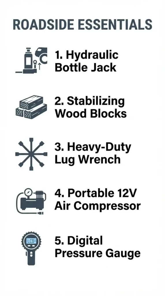 A minimalist vector checklist infographic outlining the five essential tools for roadside mechanical self-sufficiency, including a hydraulic bottle jack, wood blocks, heavy-duty lug wrench, portable air compressor, and digital pressure gauge.