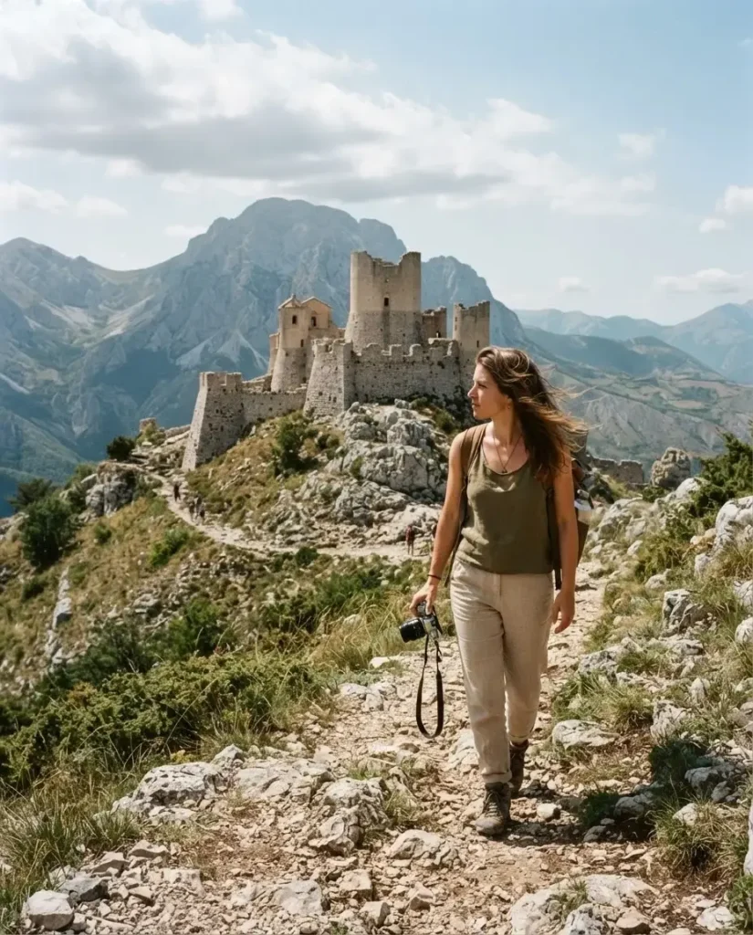 Solo traveler hiking toward the medieval hilltop fortress of Rocca Calascio in Abruzzo, Italy, with the Gran Sasso mountain range in the distance.