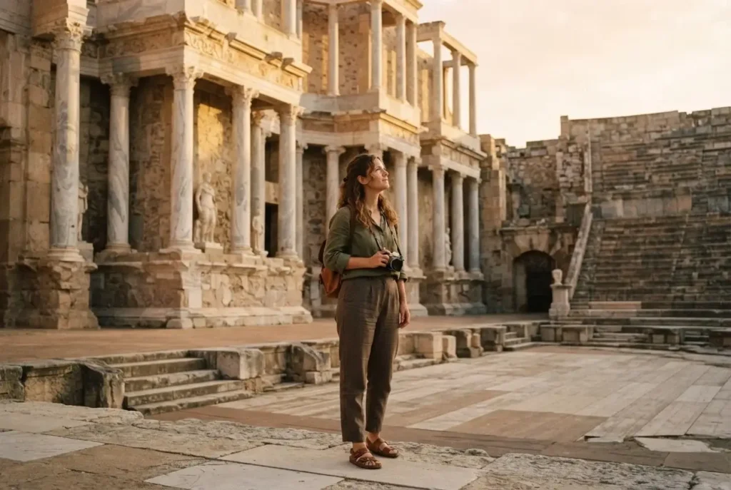 Solo traveler exploring the columned stage of the well-preserved Roman Theatre of Mérida in Extremadura, Spain with no crowds